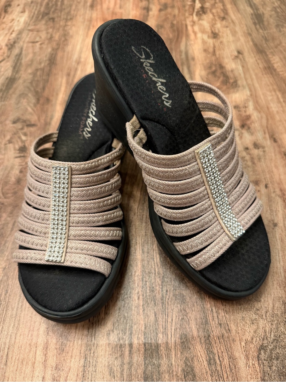 Skechers Women's Taupe Multi-Strap Slip-On Wedge Mules with Rhinestone Trim
